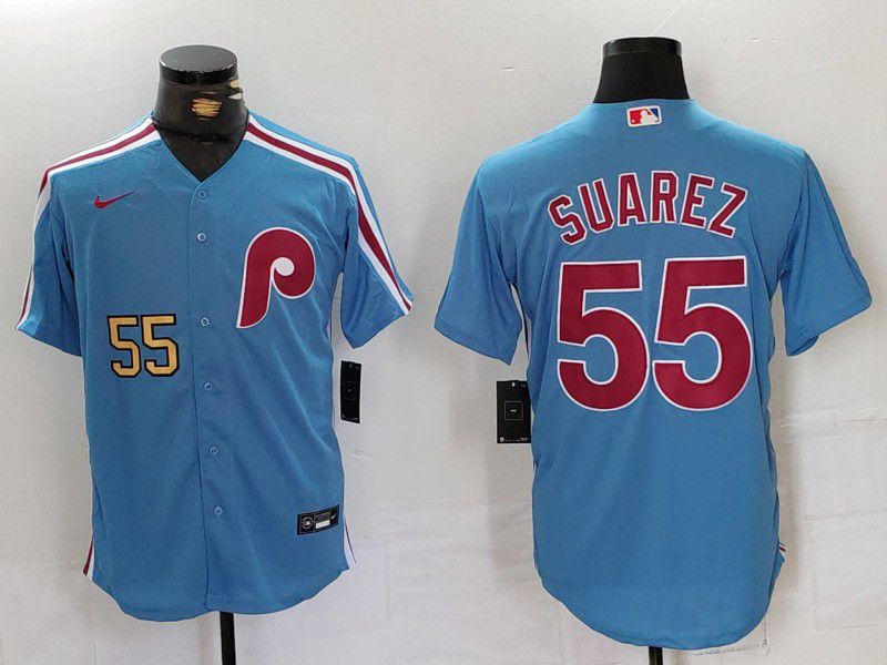 Men Philadelphia Phillies #55 Suarez Blue Throwback 2024 Nike MLB Jersey style 2